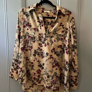 🌵Pleione Tan 3/4 Sleeve Notched Collar Floral Blouse Top